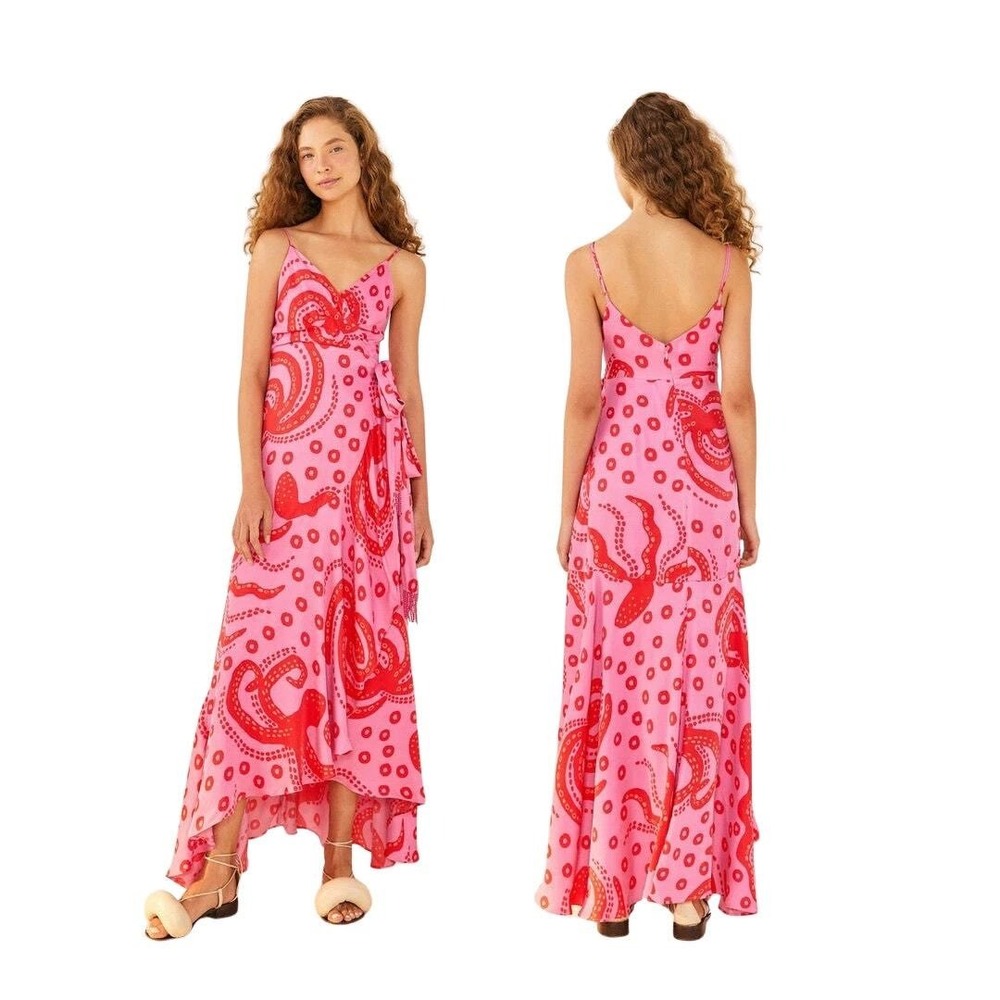 Farm Rio‎ Octocool Wrap Dress Pink Red Octopus Print Beaded Tassel Maxi Medium